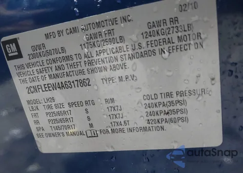 2010 Chevrolet Equinox Lt z USA, uszkodzony, nr VIN 2CNFLEEW4A6317862